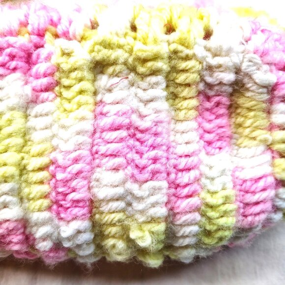 Hand Crochet Bag Pink Yellow White Vintage Double Strap Grandmacore Handbag 14" - Picture 13 of 16
